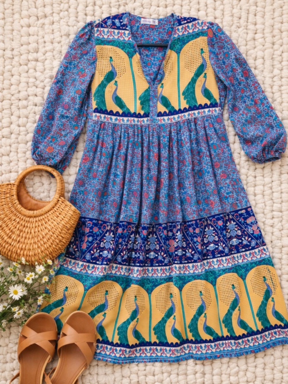 🦚 Peacock Print R. Vivimos Folk Border Print Flowy Midi Festival Dress Size M